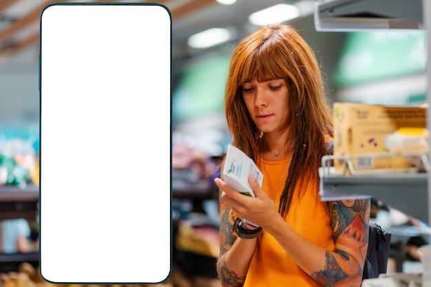 A split screen showing a consumer comparing product prices on a smartphone app while in a store. The app displays information on the origin and quality standards of the products.