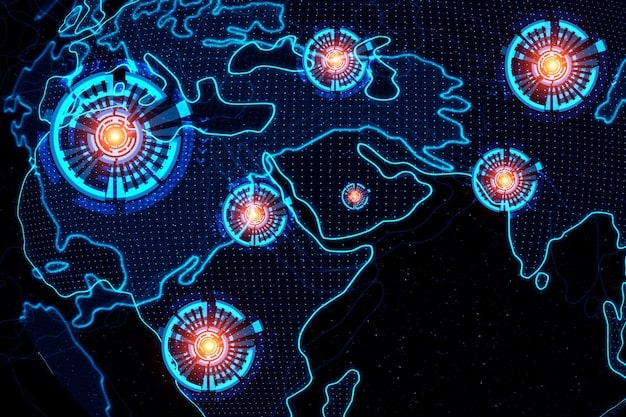 Image depicting a global cyber threat map, highlighting the origin points and targets of major cyberattacks, illustrating the scale and complexity of the global cyber threat landscape.