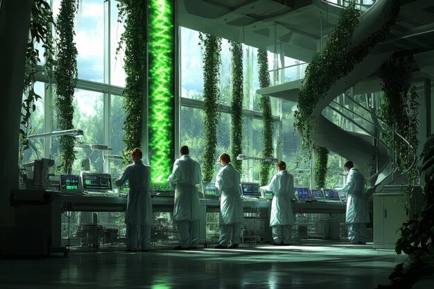 The interior of a modern research lab in California, USA, with scientists working on advanced battery technology. The focus is on innovation and technological development in renewable energy storage.