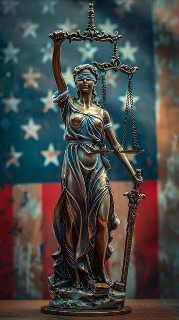 A depiction of Lady Justice overlooking the US-Mexico border, symbolizing the balance between security and individual rights. The scales of justice are evenly balanced. The image should convey the importance of upholding the rule of law at the border.