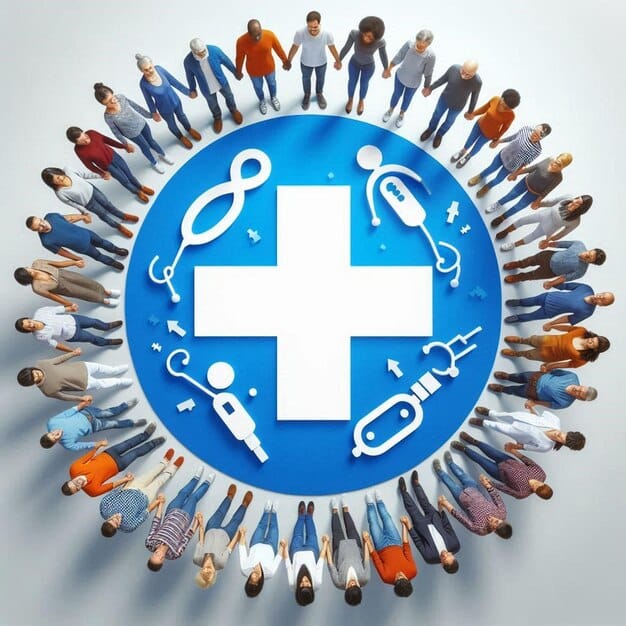 A collage showing different stakeholder groups in healthcare: doctors and nurses, insurance company logos, pharmaceutical products, patient advocacy group symbols, and business professionals, illustrating the diverse interests involved in healthcare reform.