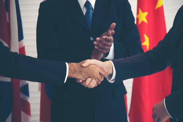 A photograph of President Richard Nixon shaking hands with Mao Zedong during Nixon's historic visit to China in 1972, symbolizing the beginning of détente between the two nations.