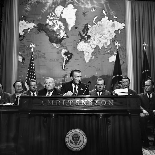 A photograph of President Franklin D. Roosevelt signing the United Nations Charter in 1945, surrounded by delegates from various nations. The image conveys the optimism and collaborative spirit of the post-war era, emphasizing the US's commitment to multilateralism.