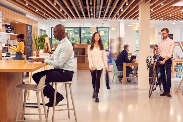 A diverse group of people working collaboratively in a modern, open-plan office space, representing a thriving and inclusive job market. The scene should convey a sense of innovation, teamwork, and opportunity.