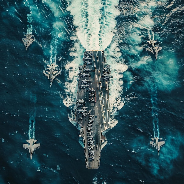 A drone's eye view of a US Navy aircraft carrier group cutting through open waters, flanked by several destroyers, showcasing naval power projection.
