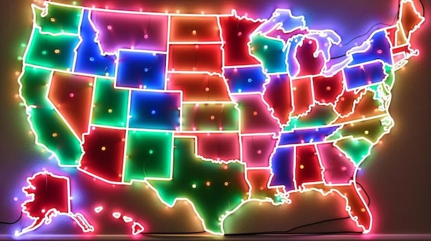 A detailed election map of the United States, with key battleground states highlighted in bright colors, showing areas of high population density and areas where political affiliation is closely split. The map should emphasize swing districts and their demographic characteristics.