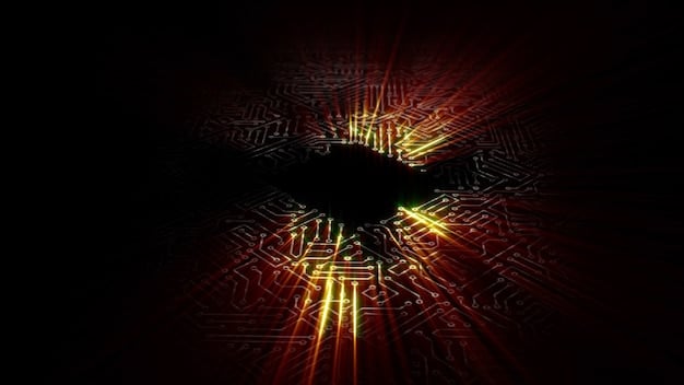 A futuristic visualization of quantum computing or advanced AI, with glowing circuits and abstract data representations, illustrating the technological frontier for both cyber threats and defenses.