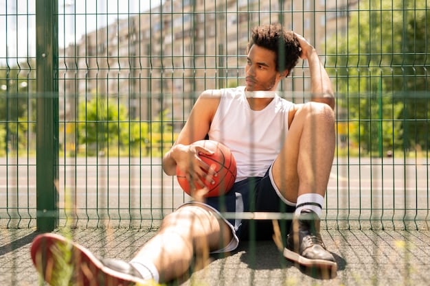 A split image showing one star NBA player resting on the bench with a towel over his head, contrasting with another star player intensely dribbling the ball during a critical game. The image illustrates the dilemma of load management versus high-stakes competition.