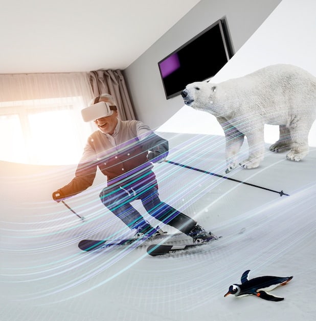 A digital illustration showcasing various technological innovations in sports broadcasting: 8K resolution screens, augmented reality overlays displaying player stats on the field, drones capturing unique camera angles, and viewers interacting with a sports app on their smart devices.