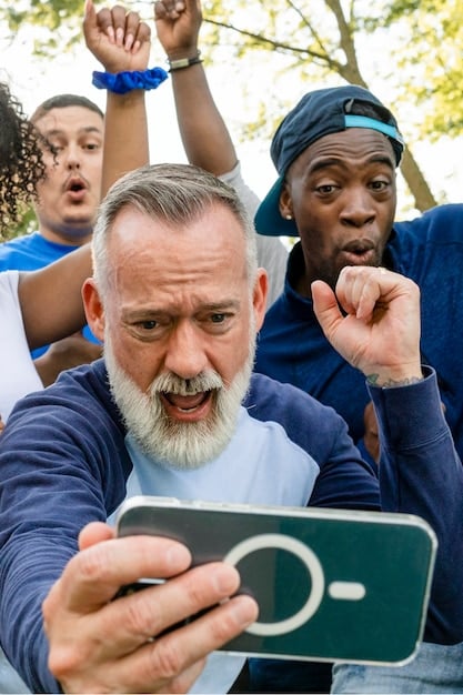 A diverse group of people engaged in different forms of media consumption related to sports, with one person looking concerned while holding a phone, hinting at the potential downsides of excessive betting, contrasted with others enjoying the game responsibly.