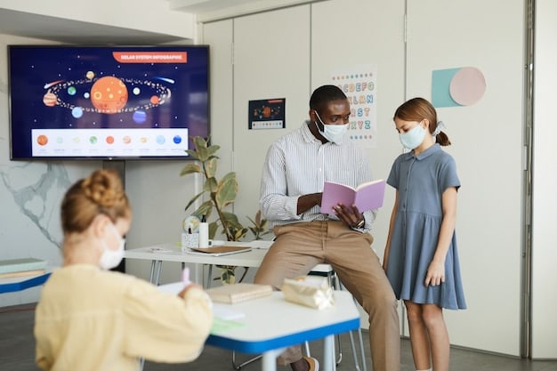 A teacher interacting with a diverse group of students, collaboratively using a digital whiteboard, emphasizing personalized learning and technological integration in classrooms.