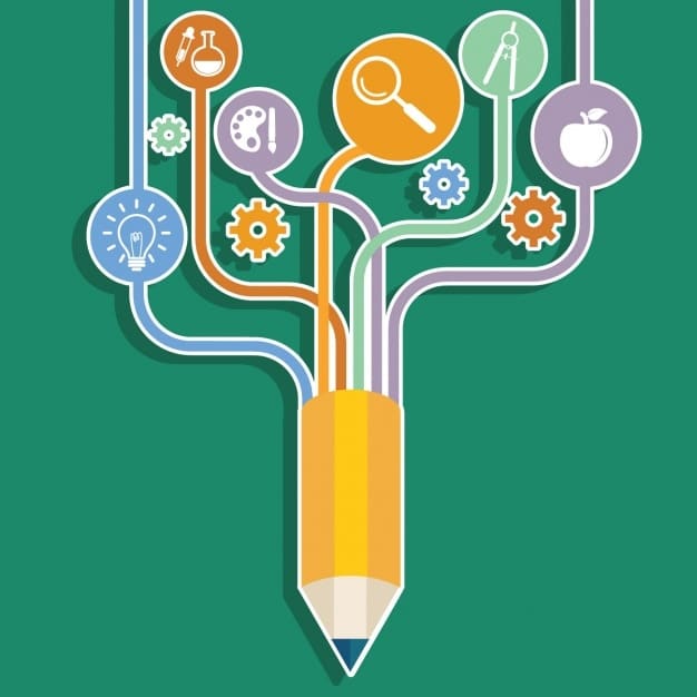 A stylized infographic showcasing interconnected elements of modern education: personalized learning, technology integration, skill development, and community involvement, illustrating a holistic future outlook.