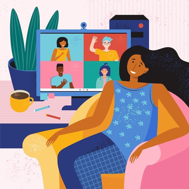 An illustration depicting a diverse team of remote workers collaborating via video conference, using various devices such as laptops, tablets, and smartphones. The background shows different home office setups, emphasizing the flexibility of remote work.