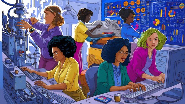 An illustration depicting a group of diverse tech workers collaborating on a futuristic project, juxtaposed with an image of empty office spaces and closed laptops, symbolizing the potential loss of innovation due to layoffs. The illustration conveys a sense of lost opportunity and uncertainty.