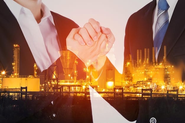 A businessman shaking hands with an energy supplier in front of a backdrop of energy infrastructure, symbolizing a fixed-price contract agreement.