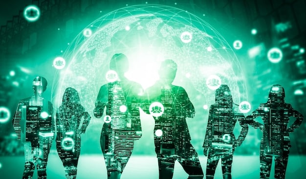 A conceptual image featuring a group of diverse professionals collaborating around a holographic projection of a global network displaying real-time cybersecurity threat data.