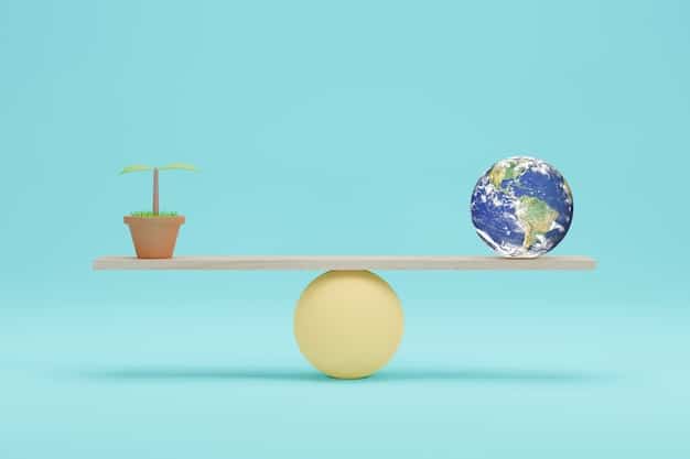 A digital illustration of a seesaw balancing precariously on a globe, with one side representing 