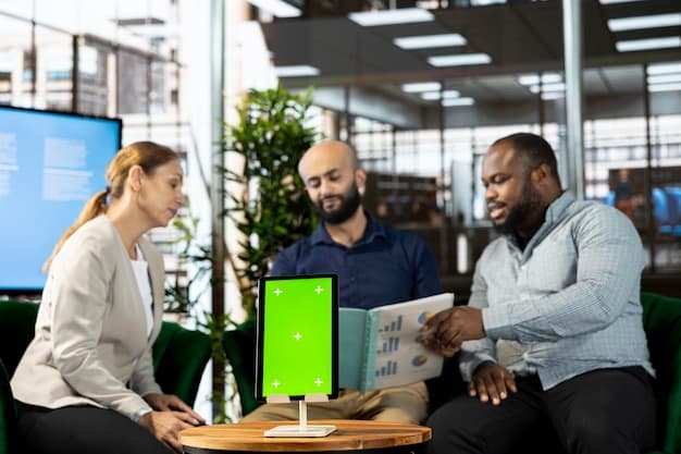 A diverse group of business professionals collaborating in a modern office space, with a digital overlay showing growth charts and interconnected ideas, signifying teamwork and innovation.