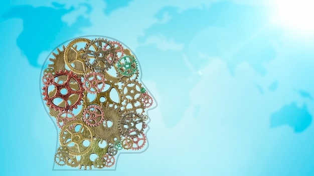 A human brain with gears and financial charts overlayed, symbolizing the complex interplay between psychology and market decisions, with a balanced scale representing rational thought.