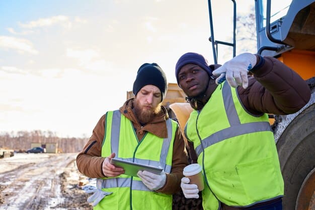 Construction workers collaborating at a road construction site with heavy machinery in action. The sun is shining brightly, and safety measures are clearly in place.