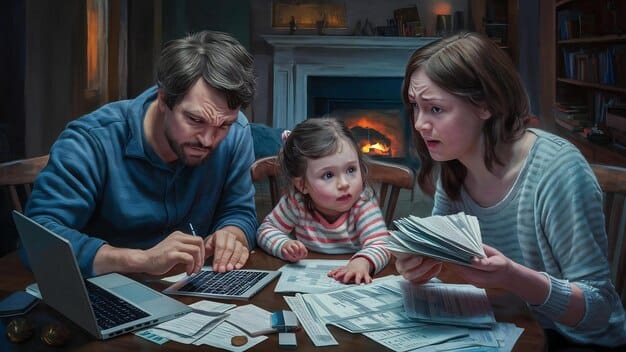 A conceptual image depicting a family carefully evaluating their budget in front of a digital dashboard, illustrating the careful balance between income, expenses, and savings, against the backdrop of rising interest rates.