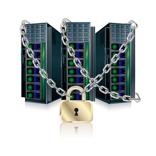 A digital representation of a lock and key hovering over a server rack, emphasizing the importance of data encryption and access control to protect critical infrastructure.