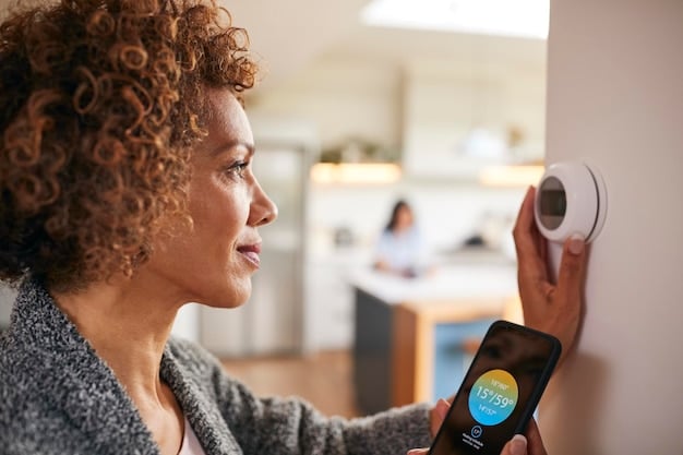 A close-up shot of a smart thermostat controlling home temperature, emphasizing energy efficiency and cost savings.