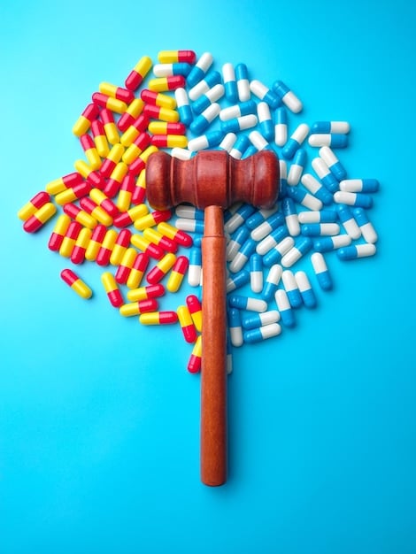 A gavel slamming down on a pile of prescription drug bottles, symbolizing the passing of new legislation aimed at controlling drug costs. The color tone is serious and conveys a sense of authority and determination.