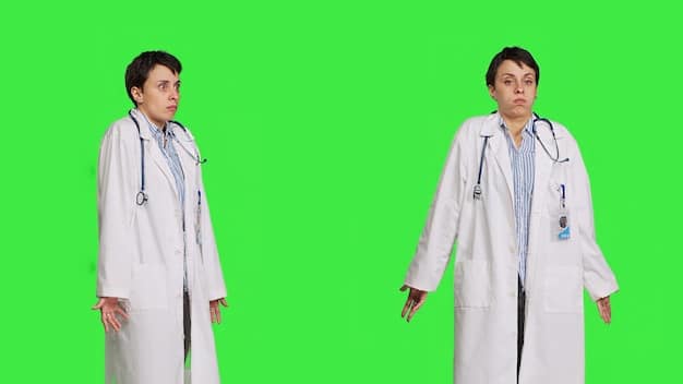 A split image showcasing a doctor in a white coat on one side and a business executive in a suit on the other. The background behind the doctor shows medical equipment, while the background behind the executive displays stock market charts, highlighting the contrasting perspectives on healthcare costs.