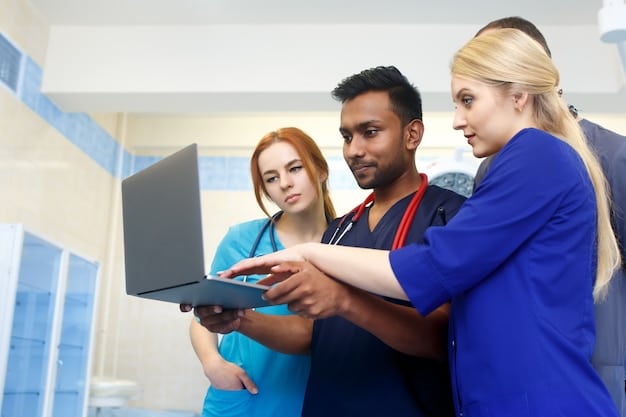 A diverse group of healthcare workers collaborating in a modern hospital setting. The image should convey a sense of teamwork, advanced technology, and patient care, highlighting the growth and importance of the healthcare sector.