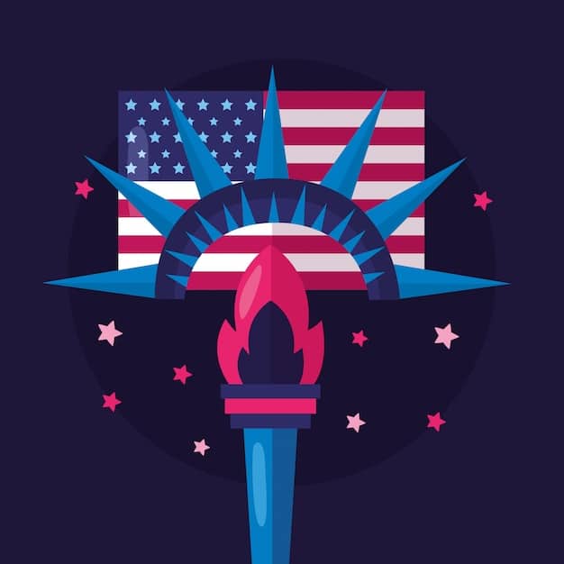 A close-up of the Statue of Liberty's torch, with the American flag waving in the background. The image represents the welcoming spirit of the United States towards immigrants and the importance of following immigration laws.