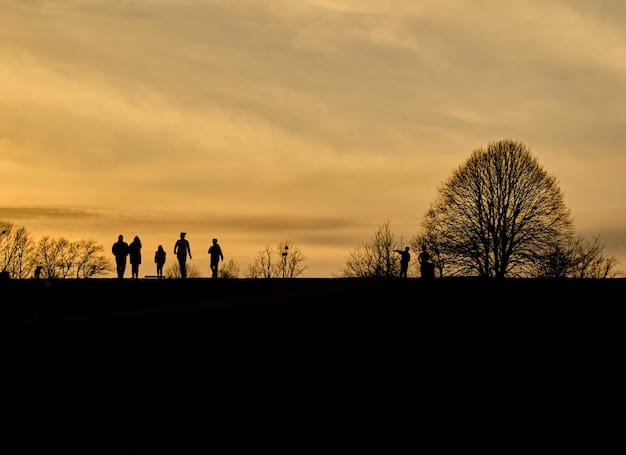 A silhouette of a family walking towards the U.S. border at sunset. The image conveys the hope and determination of immigrants seeking a better life in the United States, despite the challenges of the immigration process.
