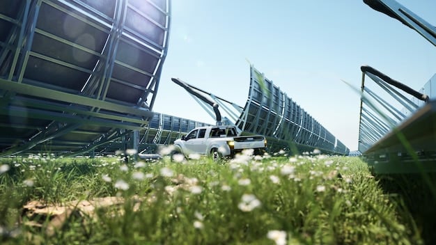 A futuristic cityscape powered by renewable energy sources, with sleek electric vehicles and lush green spaces. The image subtly incorporates data visualizations like energy flow lines and clean air indicators, symbolizing technological innovation for climate.