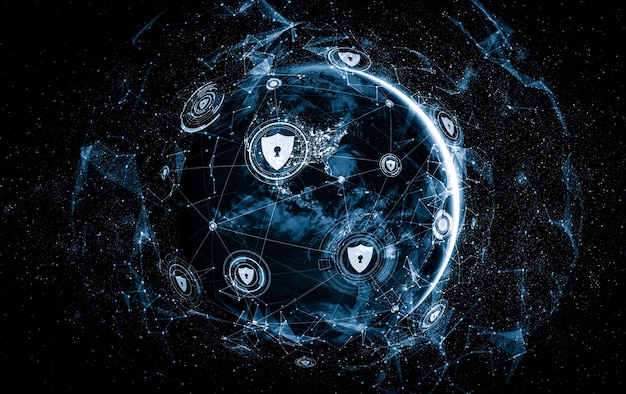 A stylized depiction of interconnected servers and data streams, with a shield icon overlayed, representing the NSA's cybersecurity defense capabilities against complex digital threats.