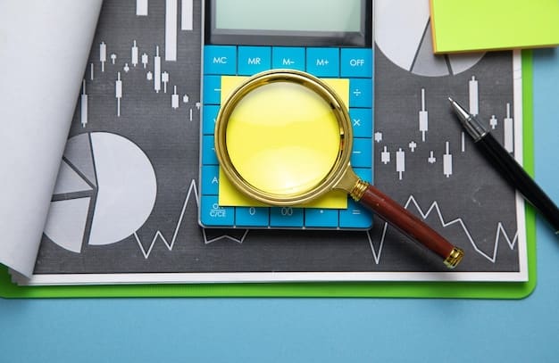 A magnifying glass hovering over a detailed spreadsheet, with charts and graphs visible, symbolizing the thorough review and analytical process involved in loan adjustments and policy changes.