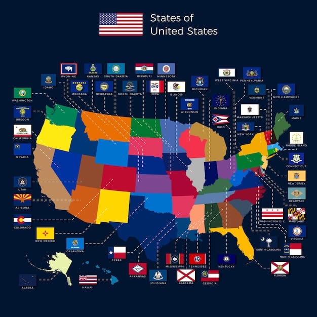 A map of the United States with various states highlighted in different colors, symbolizing shifts in congressional seats after a census, representing political power rebalancing.