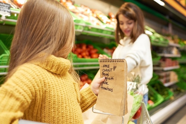 A shopper looking at price tags in a supermarket, with a blurred background of various fresh produce, illustrating the direct impact of trade agreements on food prices.