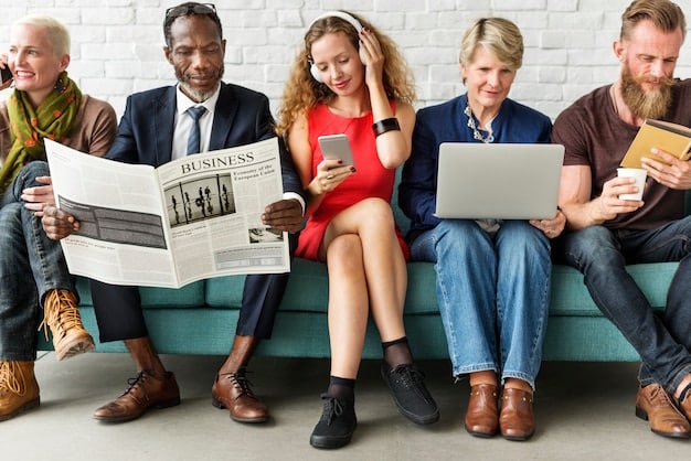 A diverse group of people from different backgrounds filling out census forms on various devices (laptop, phone, paper), highlighting the inclusivity and methods of data collection.
