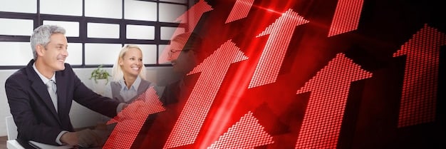 A graph showing rising interest rates with a red arrow pointing upwards, superimposed over a backdrop of business people looking concerned in a financial office.
