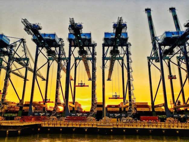 A bustling port with container ships, cranes loading and unloading cargo, and trucks waiting to transport goods, symbolizing efficient supply chains and global trade.