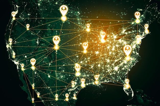 A detailed map of the US with glowing lines representing high-speed broadband connections expanding into rural areas, with small icons symbolizing connected homes, schools, and businesses.