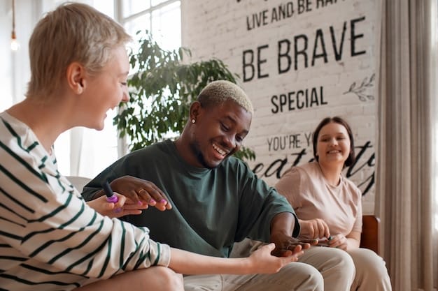 Diverse group of people participating in a community support group session, with a banner behind them promoting mental health and addiction recovery