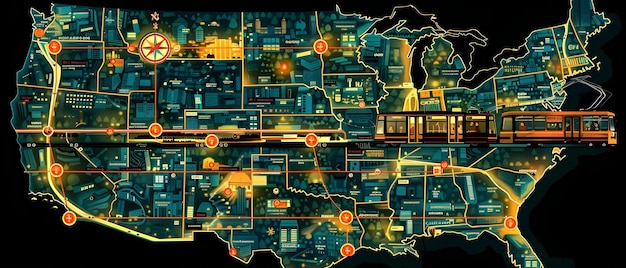 A detailed map of the United States with various infrastructure projects highlighted in bright colors, showing new roads, bridges, and fiber optic cables crisscrossing the country, symbolizing nationwide development.