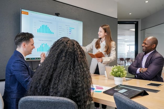A diverse group of business professionals in a boardroom discussing financial reports and projections, with a whiteboard displaying economic growth models.