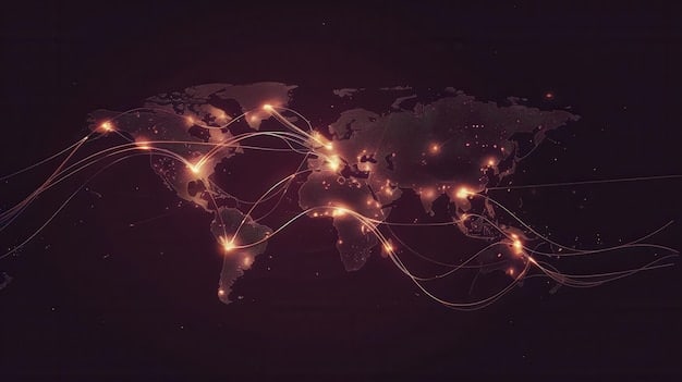 A world map made of light, with glowing lines connecting major economic hubs, symbolizing global trade and investment flows, against a dark, corporate-themed background.