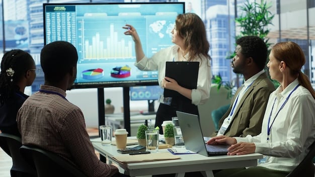 A diverse group of business professionals discussing financial projections around a conference table with charts and graphs on a screen, representing sector-specific analysis.