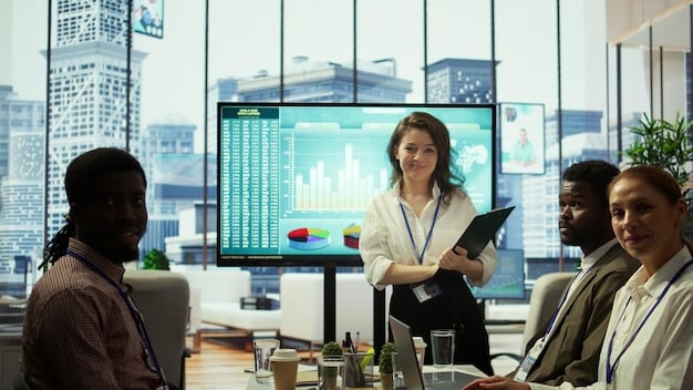 A diverse group of business executives reviewing financial reports in a modern office, with graphs showing fluctuating corporate tax rates projected on a screen in the background.