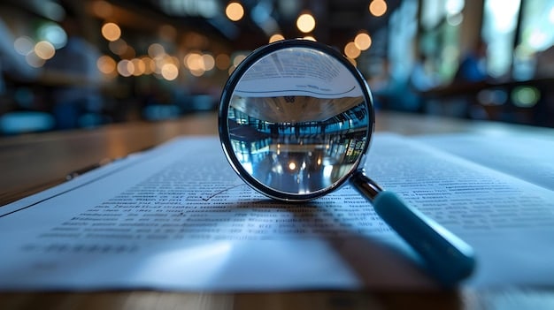 A close-up of a legal document with a magnifying glass over the text