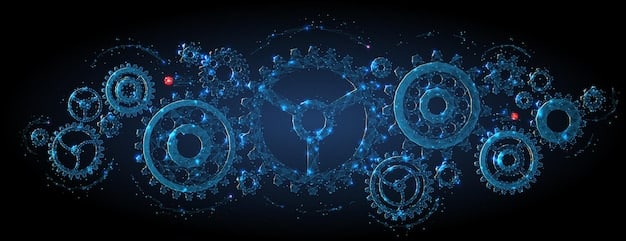 A detailed infographic depicting interlocking gears and chains, illustrating the complex interconnectedness of data, regulations, and technological innovation in the digital economy.