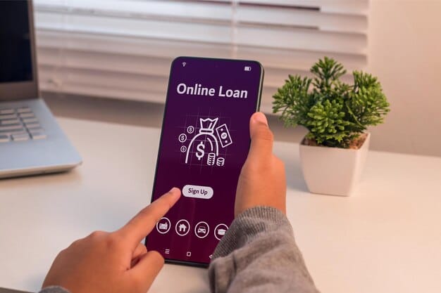 A sleek, modern user interface of an online lending platform on a tablet, with a person's hand pointing at an 